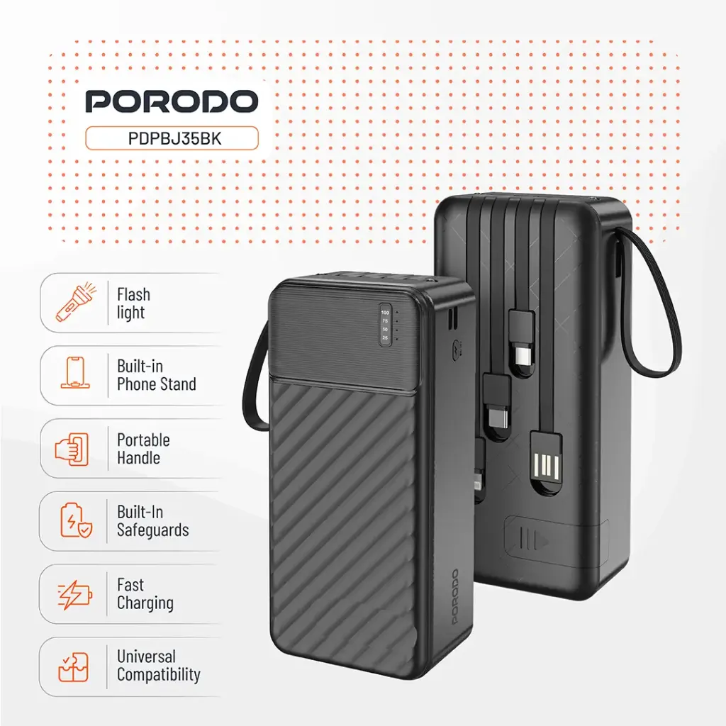 Porodo Piano 30000mAh Power Bank with Integrated Cables - Black9.webp
