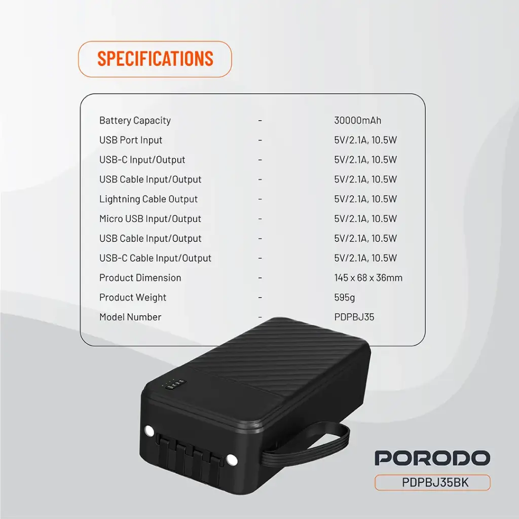 Porodo Piano 30000mAh Power Bank with Integrated Cables - Black5.webp