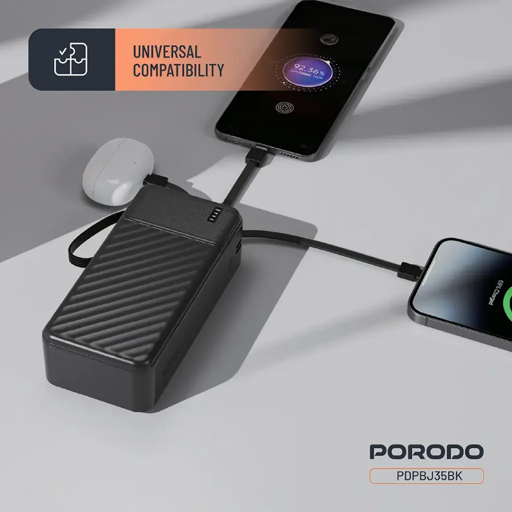 Porodo Piano 30000mAh Power Bank with Integrated Cables - Black6.webp