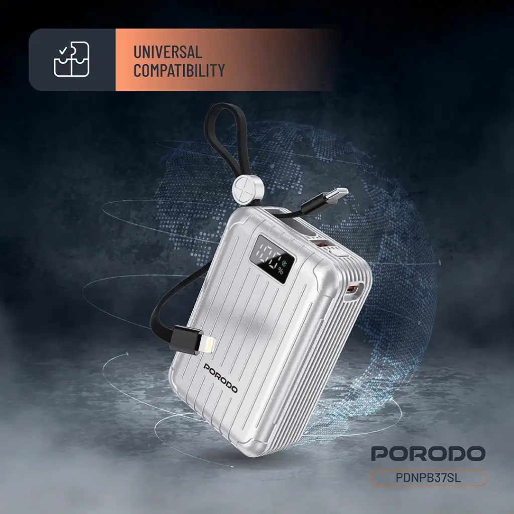 Porodo Petite 20000mAh Power Bank with Integrated Cables & Digital Display - Silver2.webp