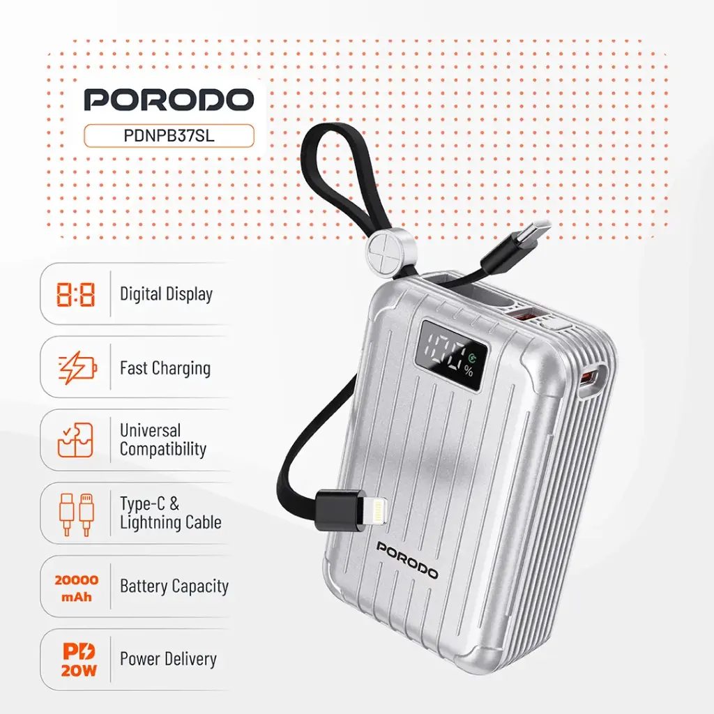 Porodo Petite 20000mAh Power Bank with Integrated Cables & Digital Display - Silver7.webp