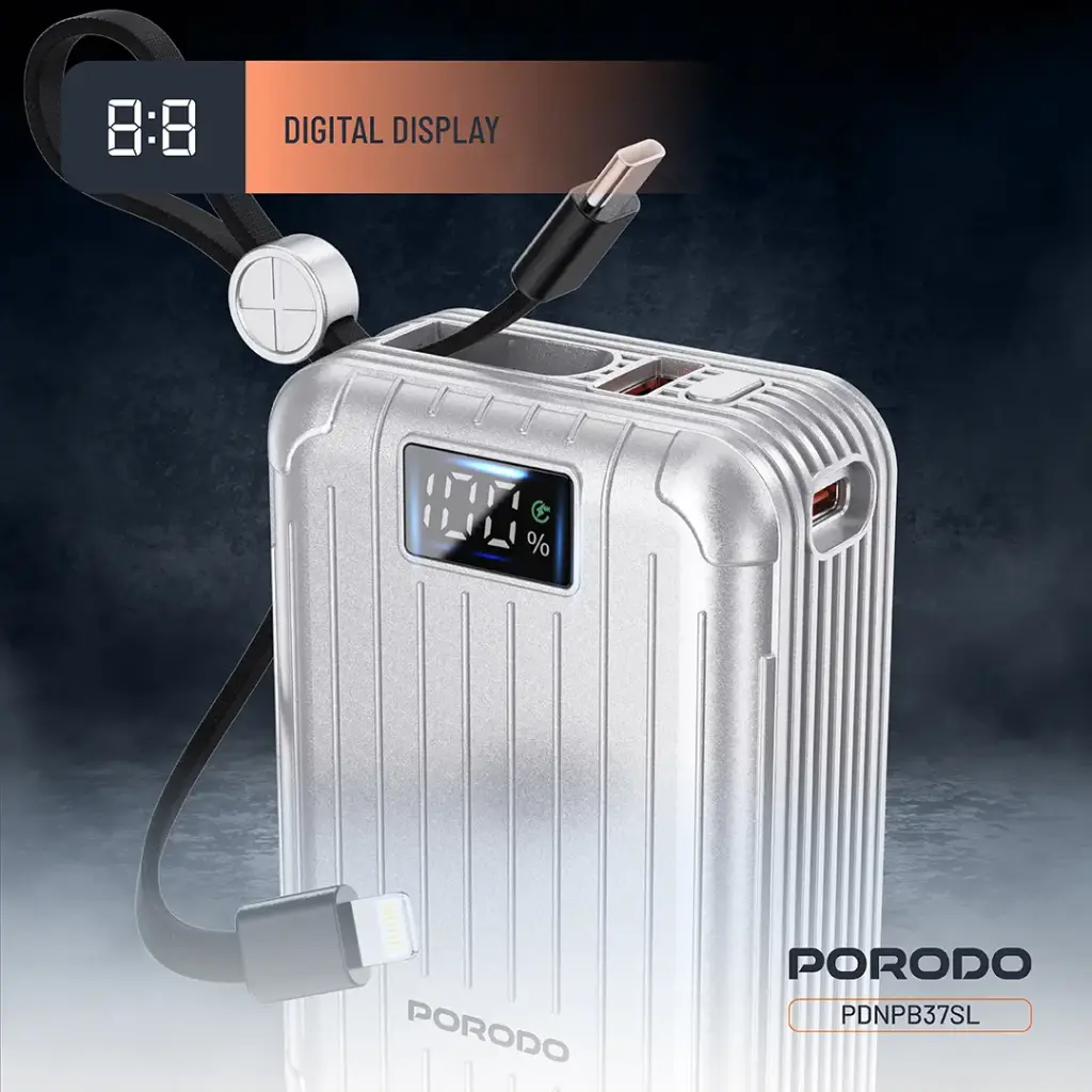 Porodo Petite 20000mAh Power Bank with Integrated Cables & Digital Display - Silver3.webp