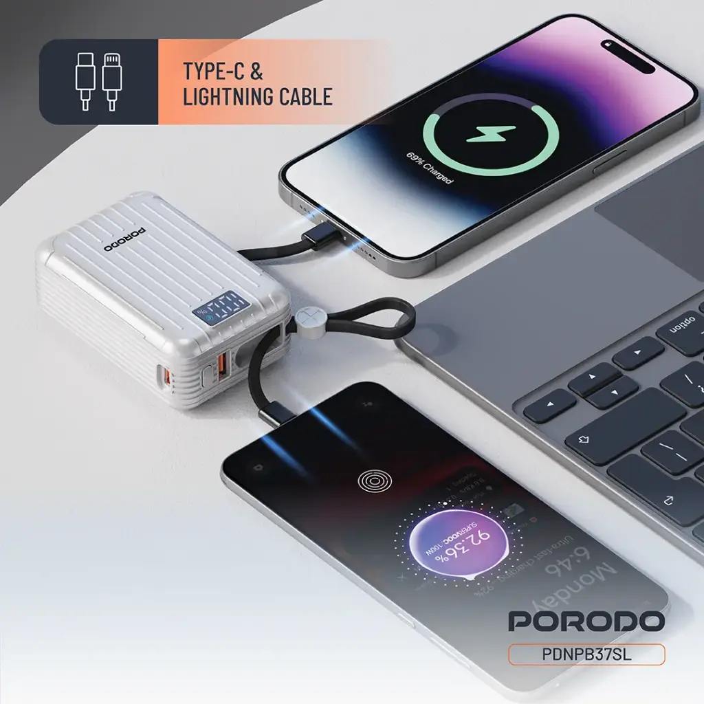 Porodo Petite 20000mAh Power Bank with Integrated Cables & Digital Display - Silver6.webp