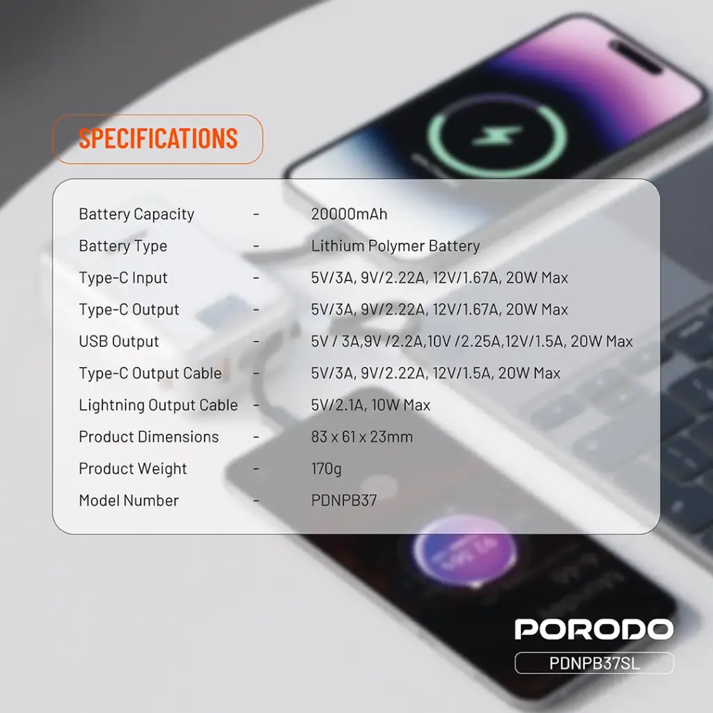 Porodo Petite 20000mAh Power Bank with Integrated Cables & Digital Display - Silver8.webp