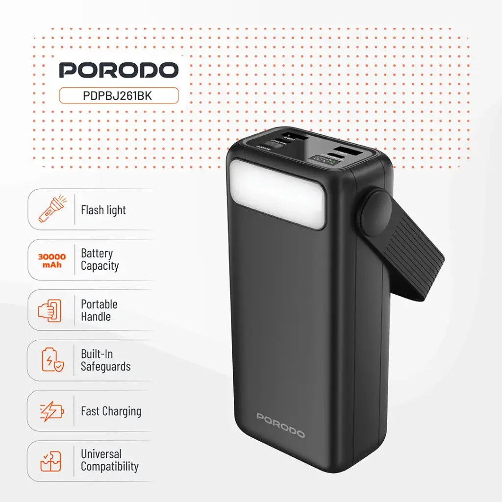 Porodo Lara 30000mAh Power Bank with Integrated Cables & Flashlight - Black7.webp