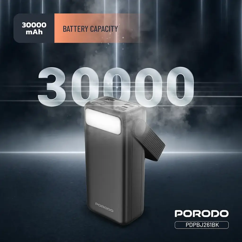 Porodo Lara 30000mAh Power Bank with Integrated Cables & Flashlight - Black6.webp
