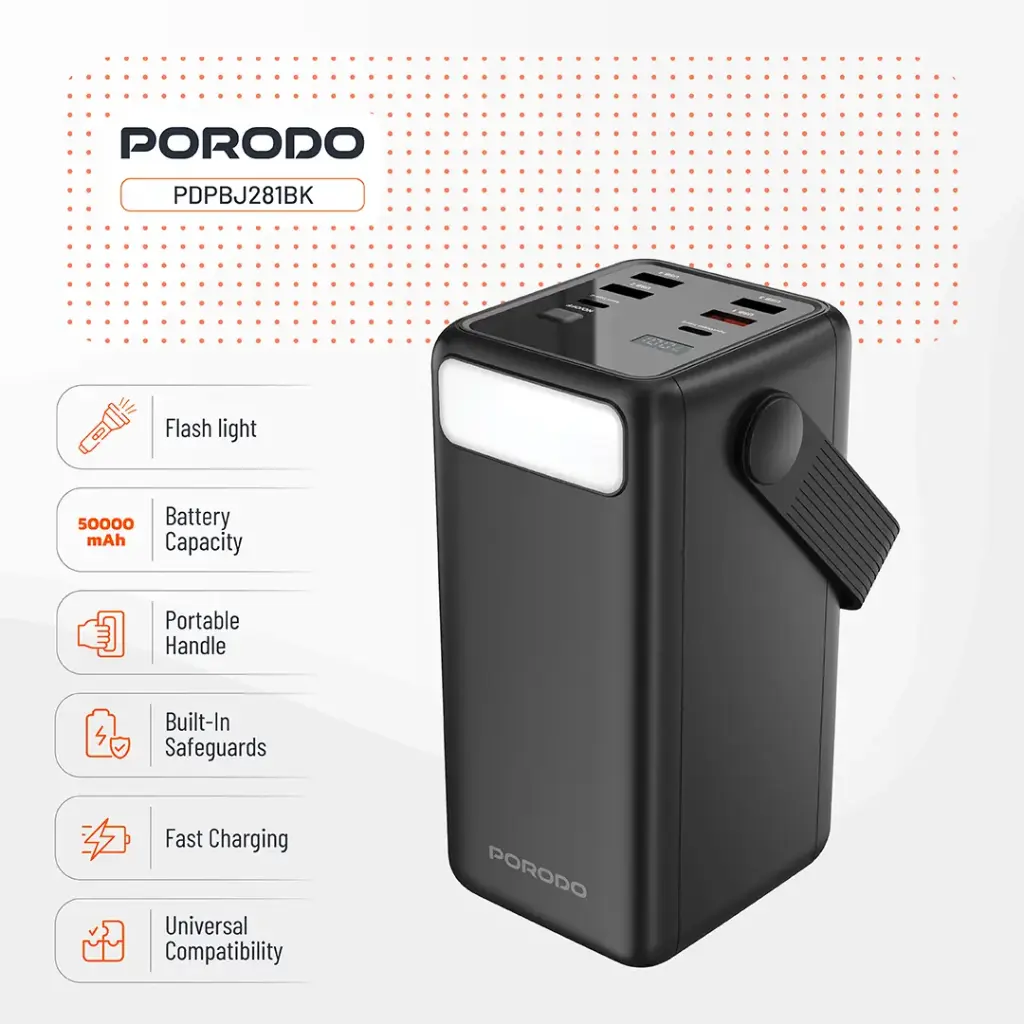 Porodo Lara 50000mAh Power Bank with Integrated Cables & Flashlight - Black1.webp