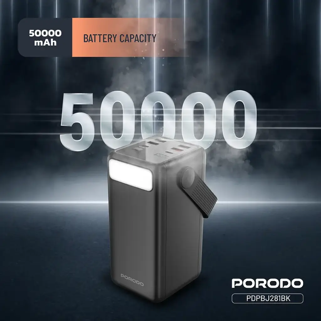 Porodo Lara 50000mAh Power Bank with Integrated Cables & Flashlight - Black.webp