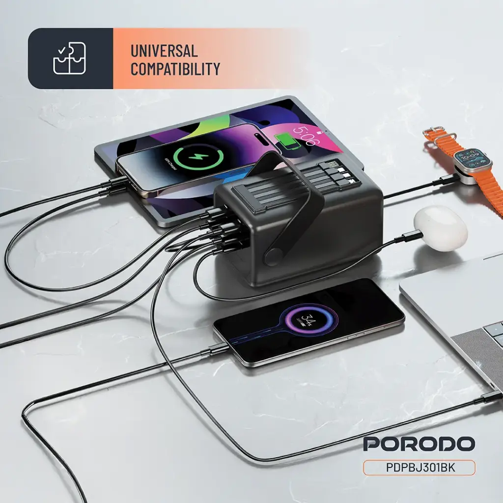 Porodo Lara 80000mAh Power Bank with Integrated Cables & Flashlight - Black4.webp