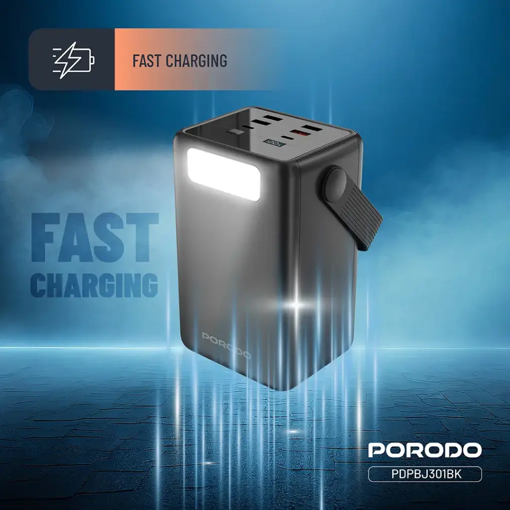 Porodo Lara 80000mAh Power Bank with Integrated Cables & Flashlight - Black5.webp