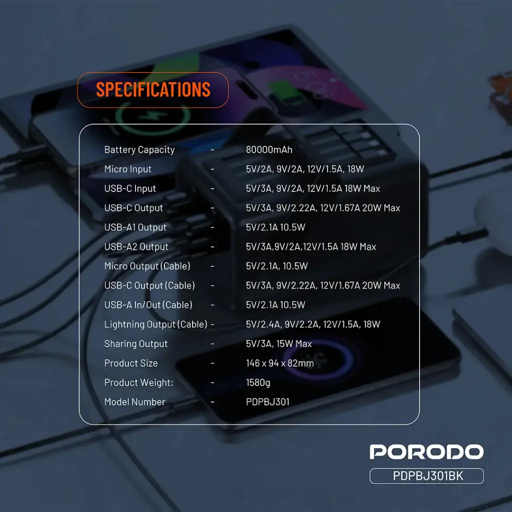 Porodo Lara 80000mAh Power Bank with Integrated Cables & Flashlight - Black3.webp