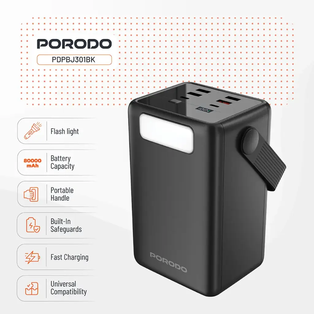 Porodo Lara 80000mAh Power Bank with Integrated Cables & Flashlight - Black9.webp