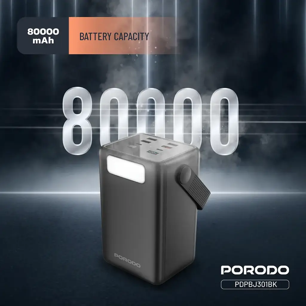 Porodo Lara 80000mAh Power Bank with Integrated Cables & Flashlight - Black8.webp