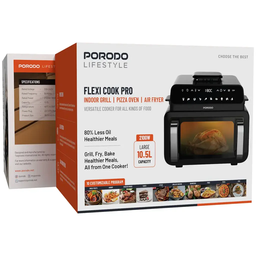 Porodo Lifestyle Flexi Cook Pro Indoor Grill,Pizaa Oven,Air Fryer - Black.webp