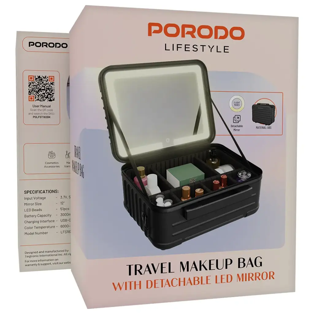 Porodo Lifestyle Travel Makeup Bag With Detachable LED Mirror - Black4.webp