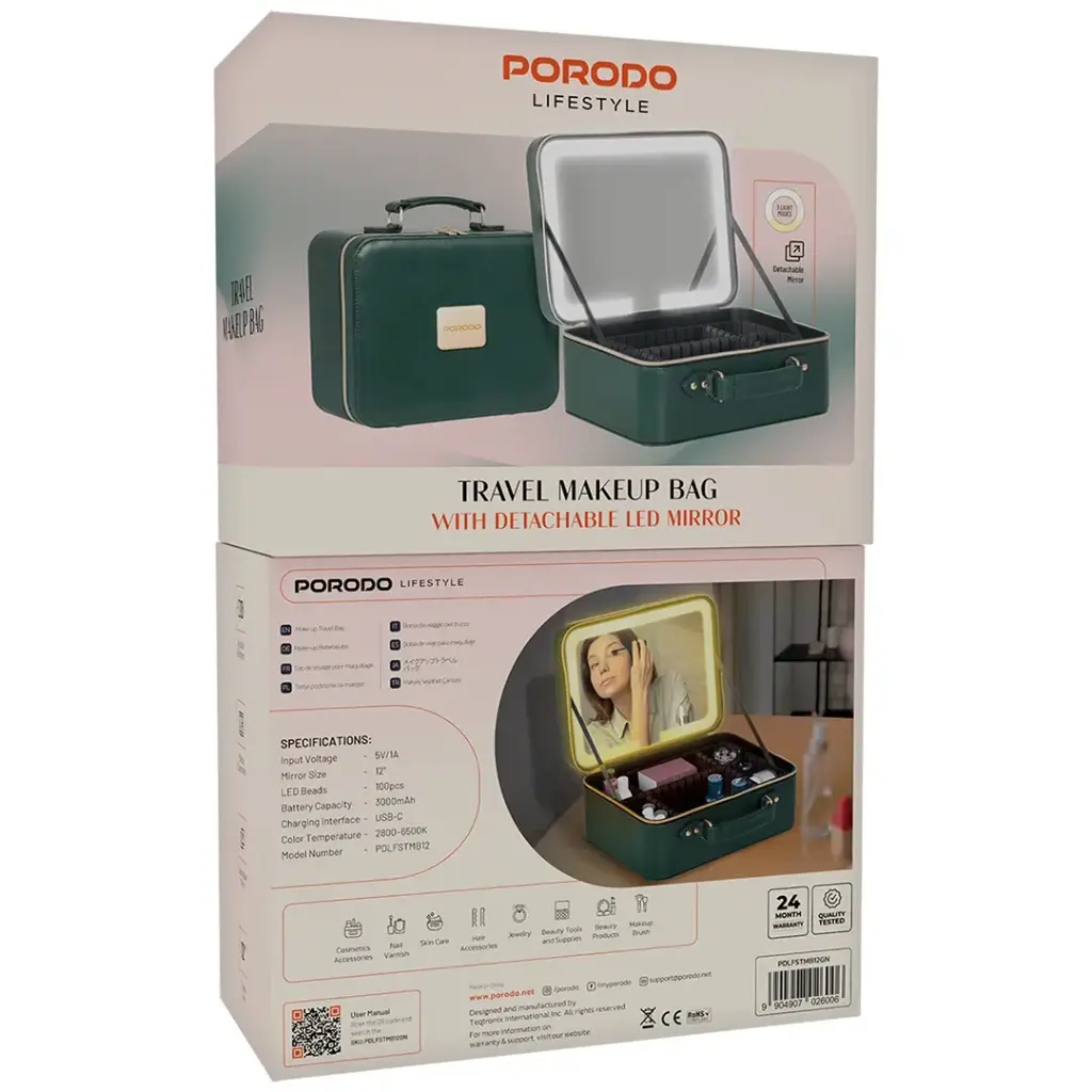 Porodo Lifestyle Travel Makeup Bag With Detachable LED Mirror - Green4.webp
