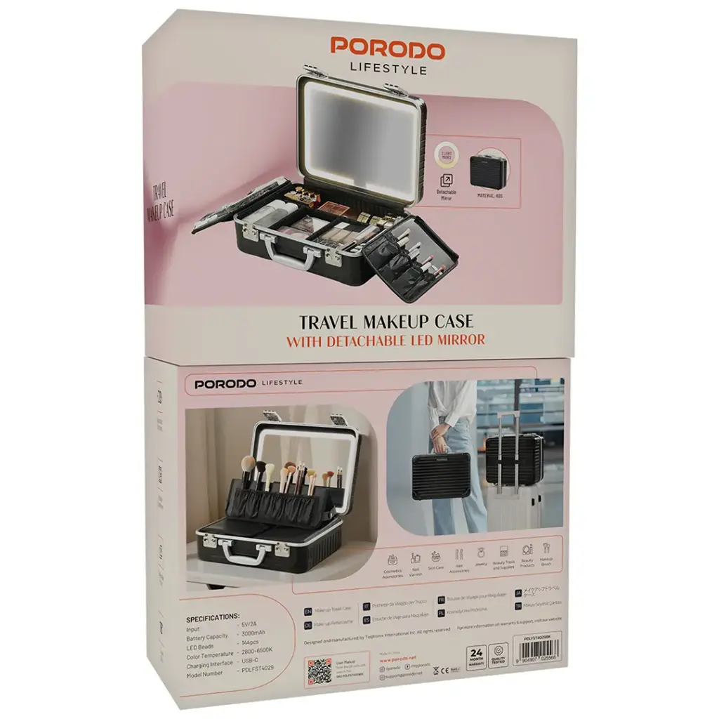 Porodo Lifestyle Travel Makeup Case With Detachable LED Mirror - Black.webp