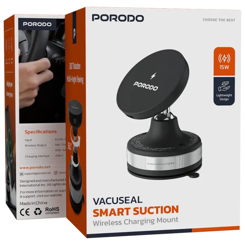 Porodo Vacuseal Smart Suction Wireless Charging Mount - Black.webp