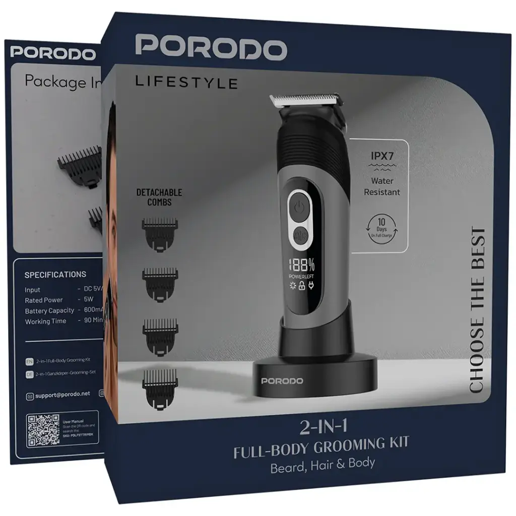Porodo Lifestyle 2-IN-1 Full-Body Grooming Kit Beard, Hair & Body - Black.webp