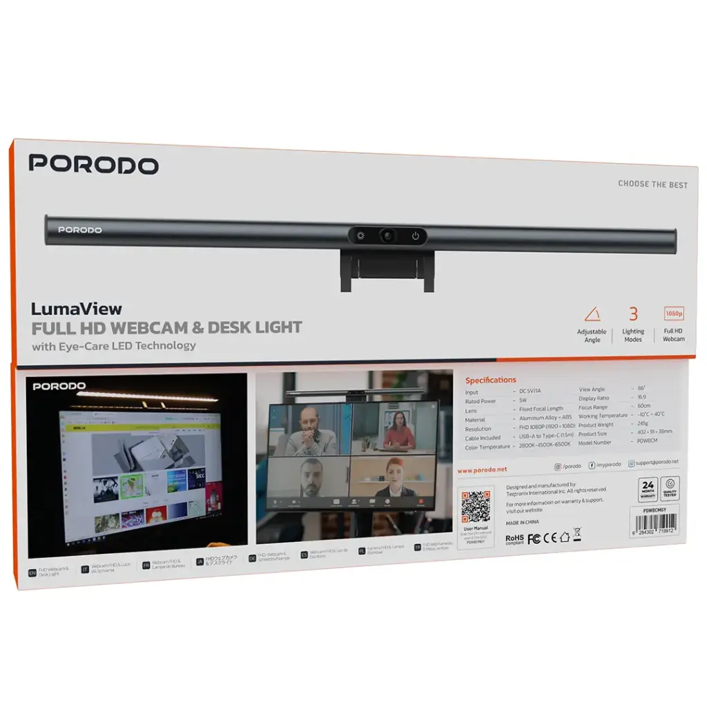 Porodo LumaView Full HD Webcam & Desk Light with Eye-Care LED Technology - Gray.webp