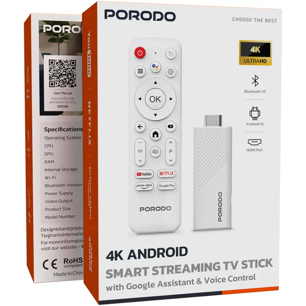Porodo 4k Android Smart Streaming TV Stick with Google Assistant & Voice Control - White.webp