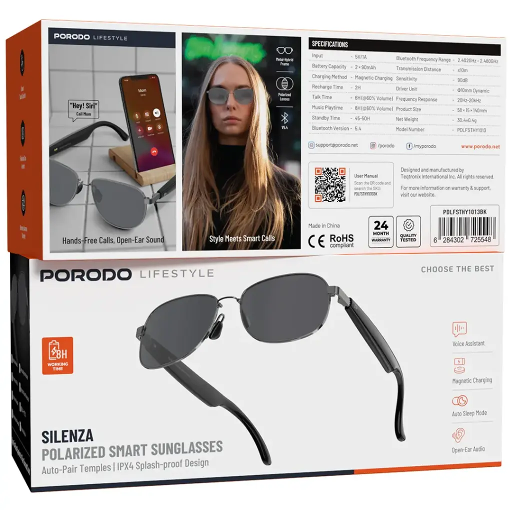 Porodo Lifestyle Silenza Polarized Smart Sunglasses - Black.webp