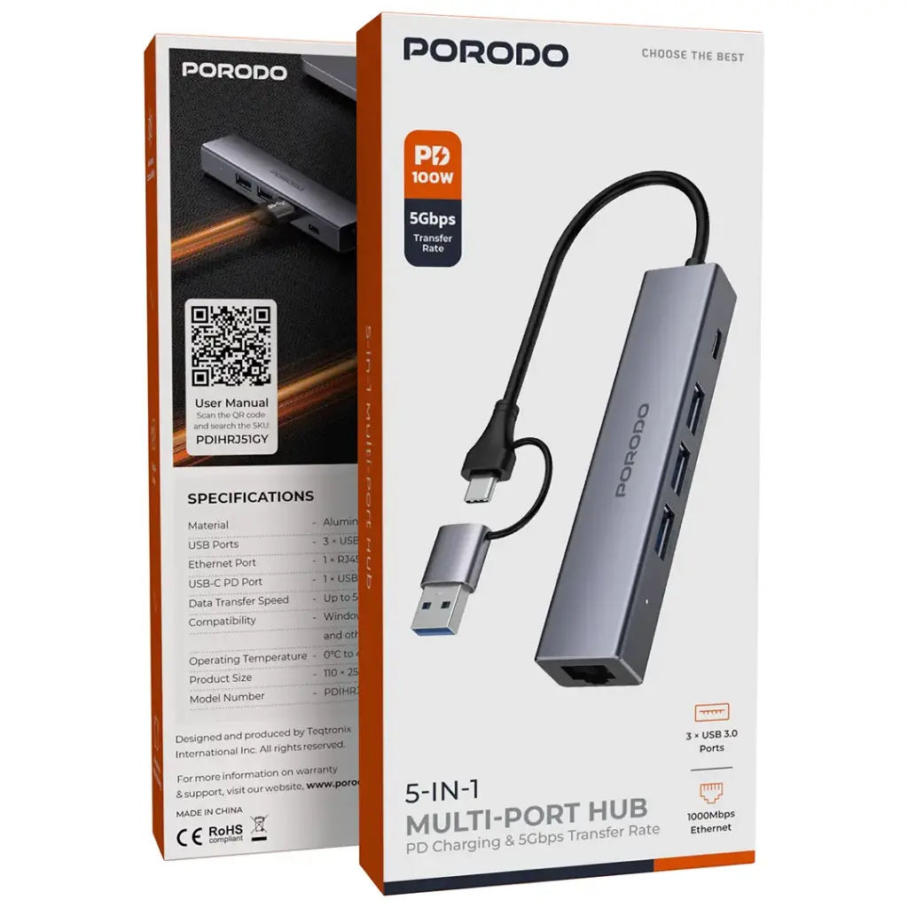 Porodo 5-IN-1 Multi-Port Hub PD Charging & 5Gbps Transfer Rate - Gray3.webp