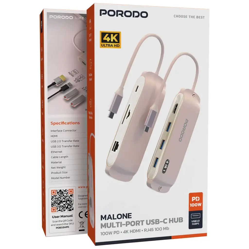 Porodo Malone Multi-Port USB-C Hub - Pink 3.webp