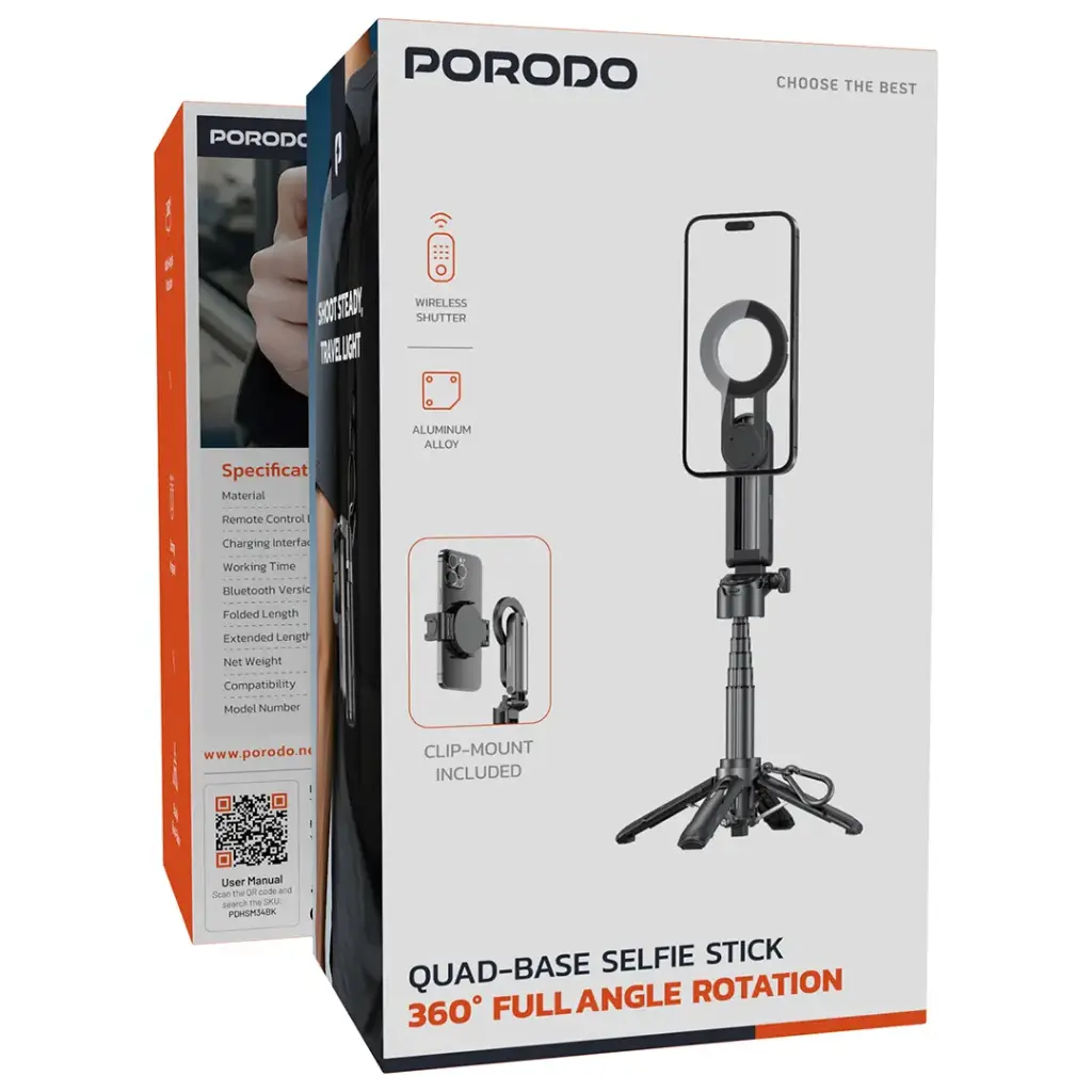 Porodo Quad-Base Selfie Stick with 360° Full Angle Rotation - Black5.webp