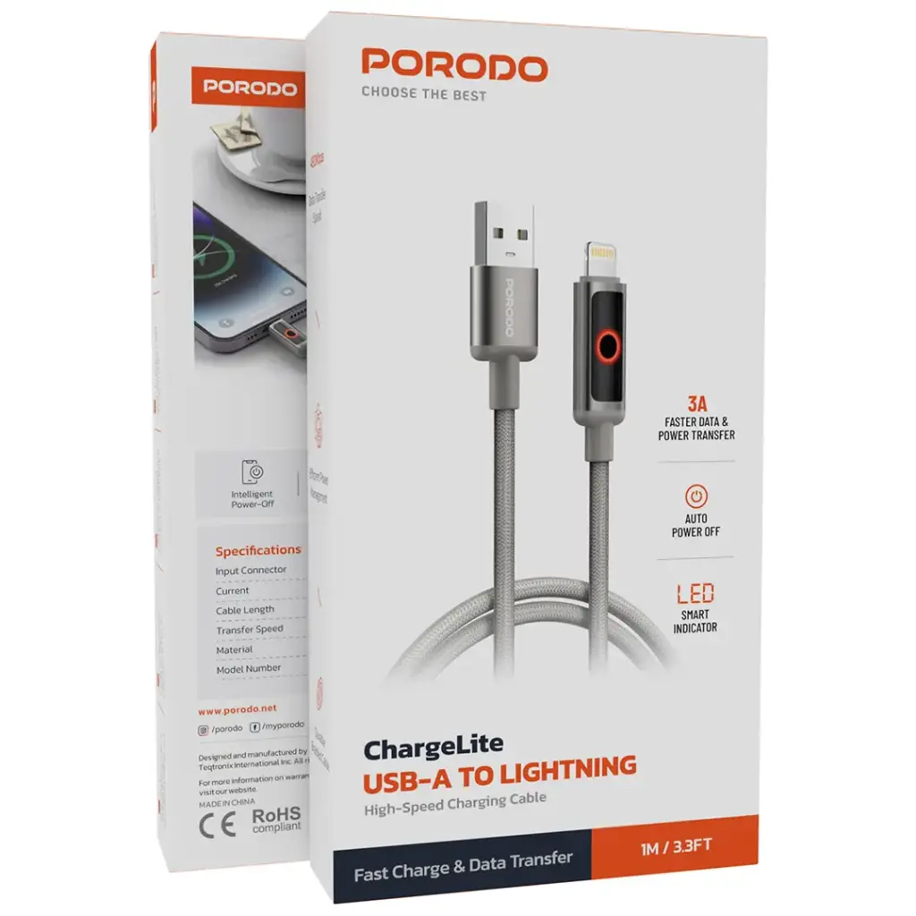 Porodo ChargeLite USB-A to Lightning High-Speed Charging Cable - Gray9.webp