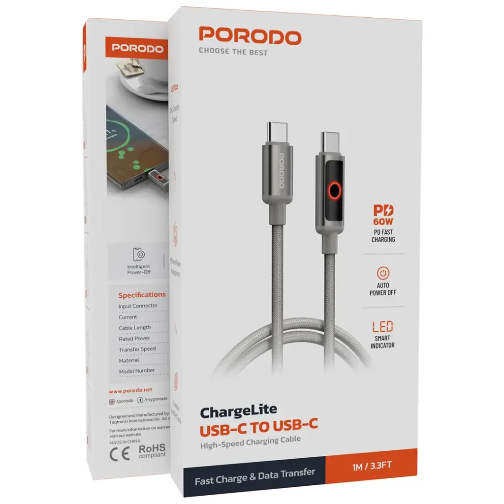 Porodo ChargeLite USB-C to USB-C High-Speed Charging Cable - Gray.webp