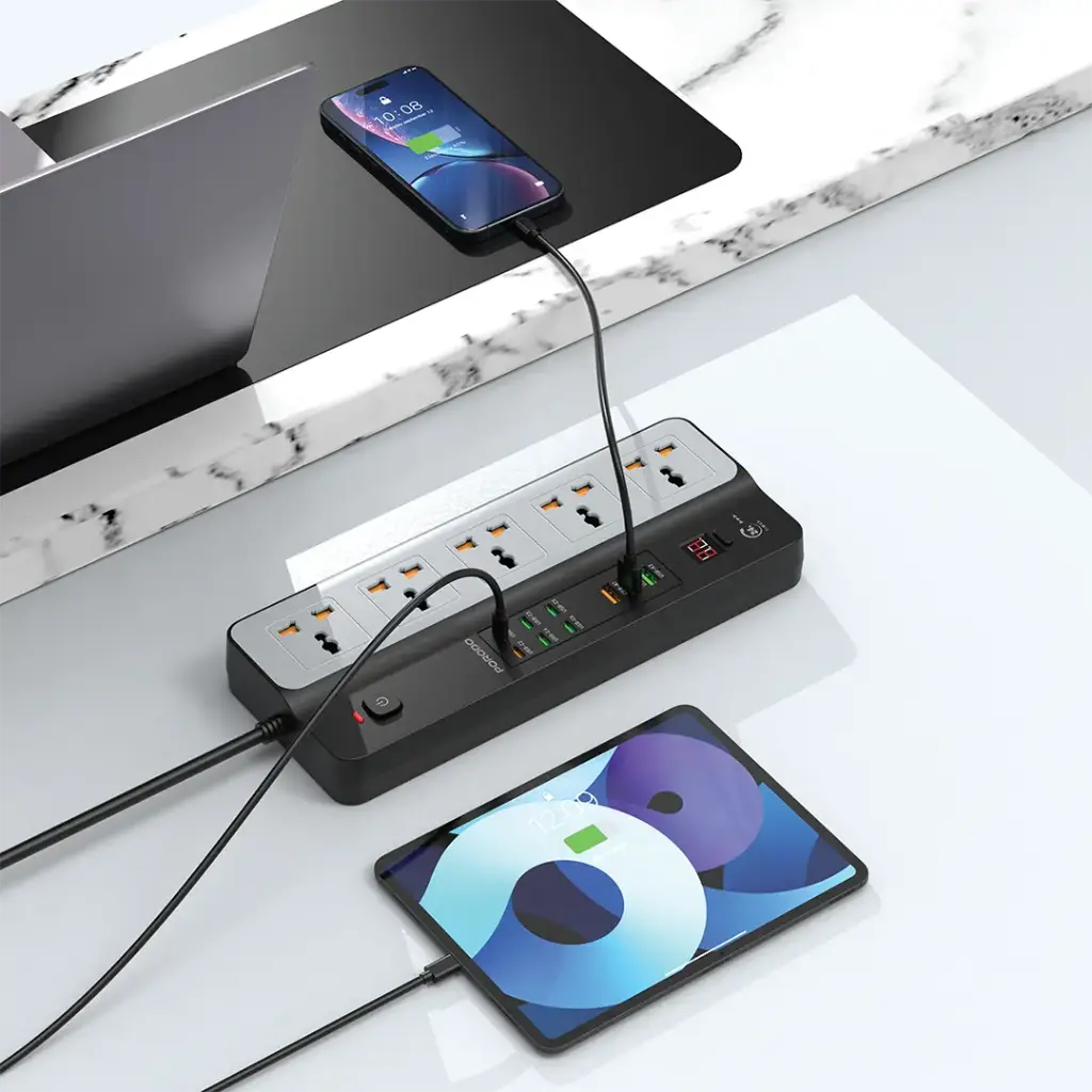 Porodo 3000W  5AC Universal Power Strip with 9 USB Ports (6C + 3A) - Black9.webp