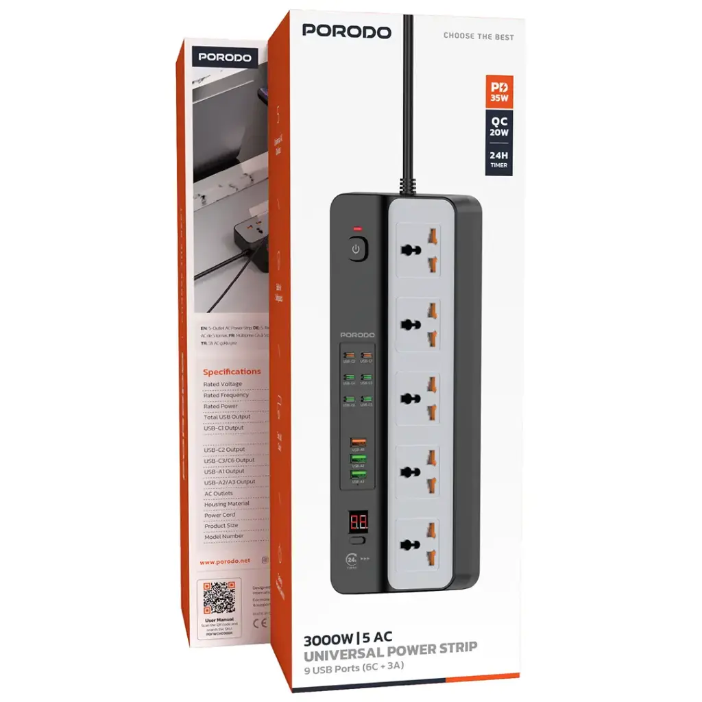 Porodo 3000W  5AC Universal Power Strip with 9 USB Ports (6C + 3A) - Black.webp