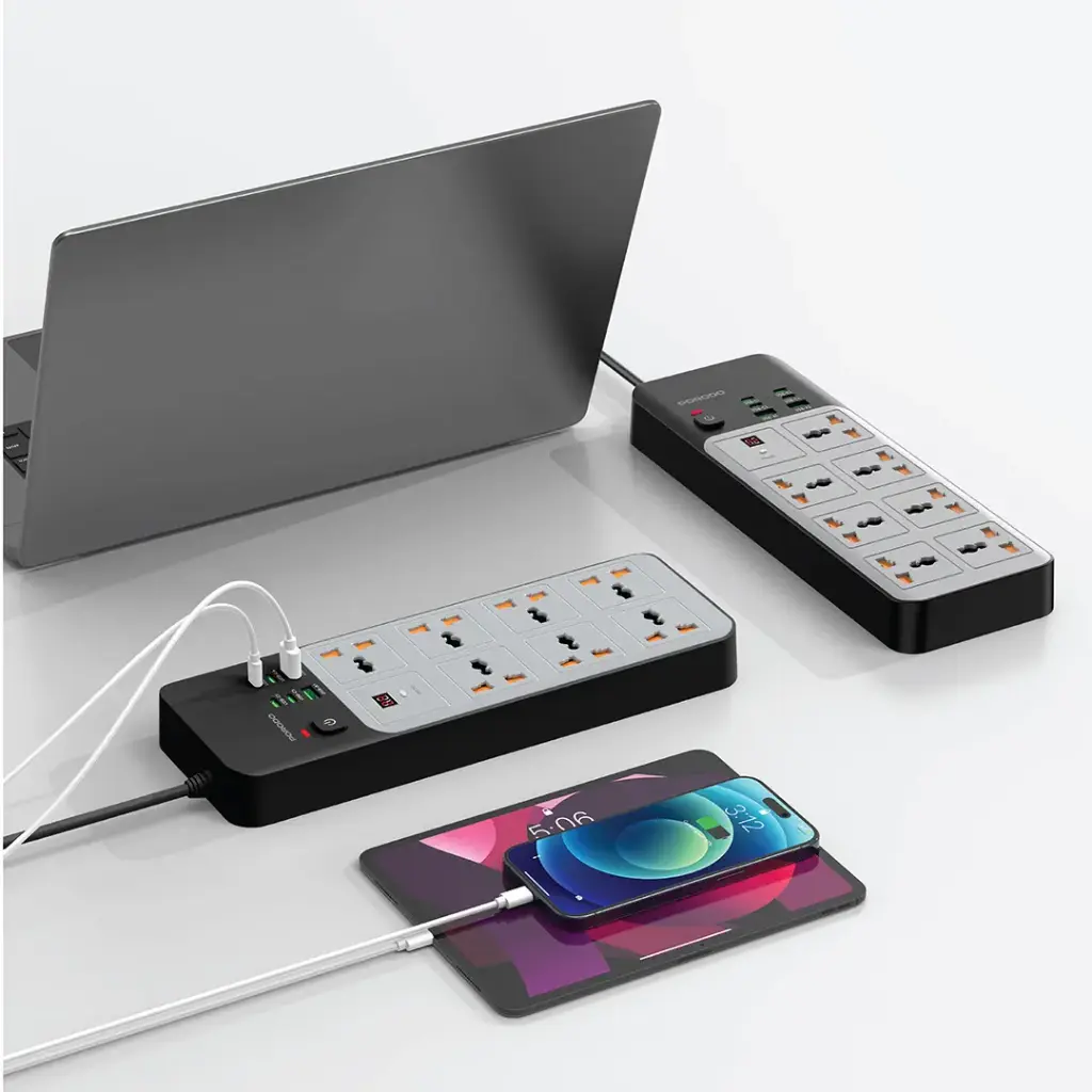 Porodo 3000W 7AC Universal Power Strip with 6 USB Ports (4C + 2A) - Gray2.webp