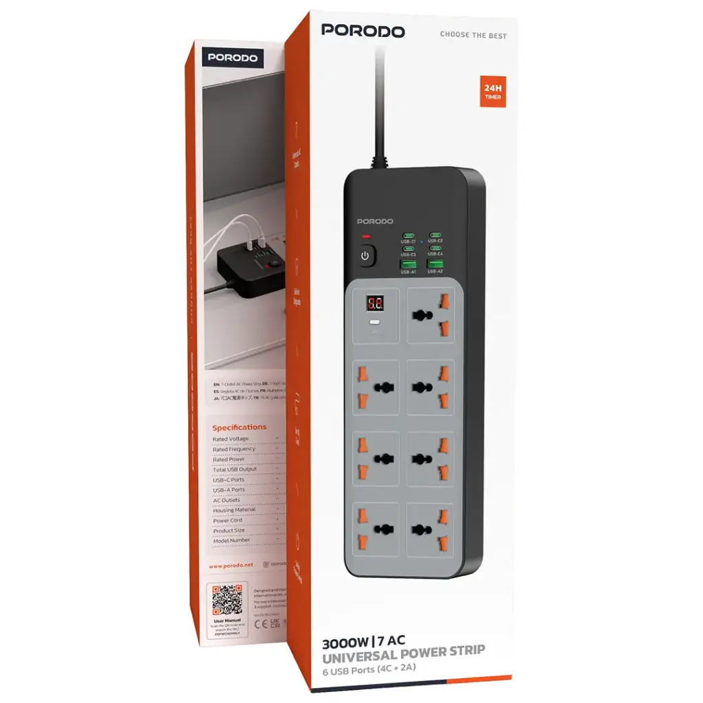 Porodo 3000W 7AC Universal Power Strip with 6 USB Ports (4C + 2A) - Gray.webp