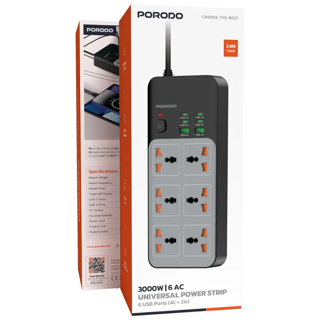 Porodo 3000W 6AC Universal Power Strip with 6 USB Ports (4C + 2A) - Gray.webp