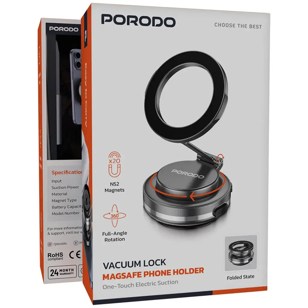Porodo Vacuum Lock Magsafe Phone Holder With One-Touch Electric Suction - Black5.webp