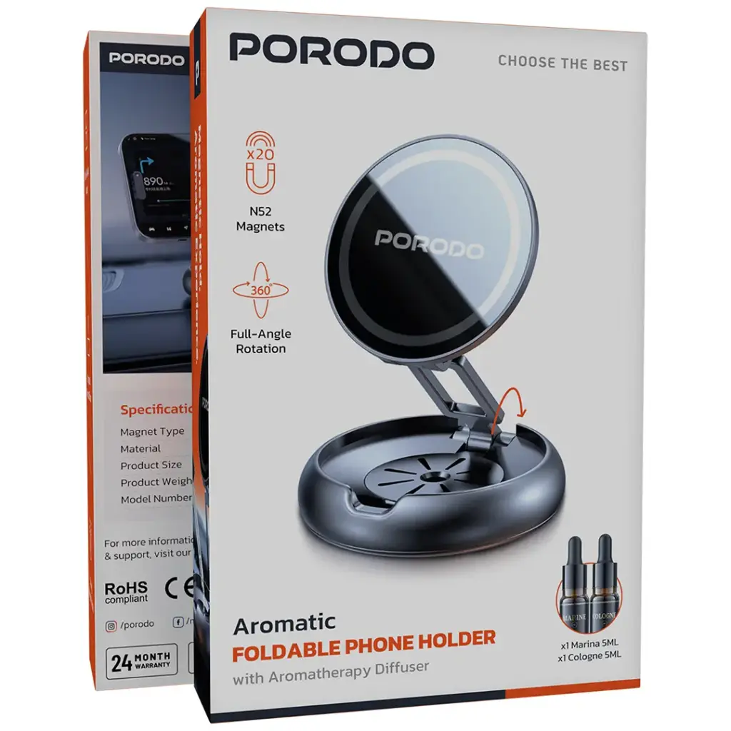 Porodo Aromatic Foldable Phone Holder with Aromatherapy Diffuser - Gray.webp