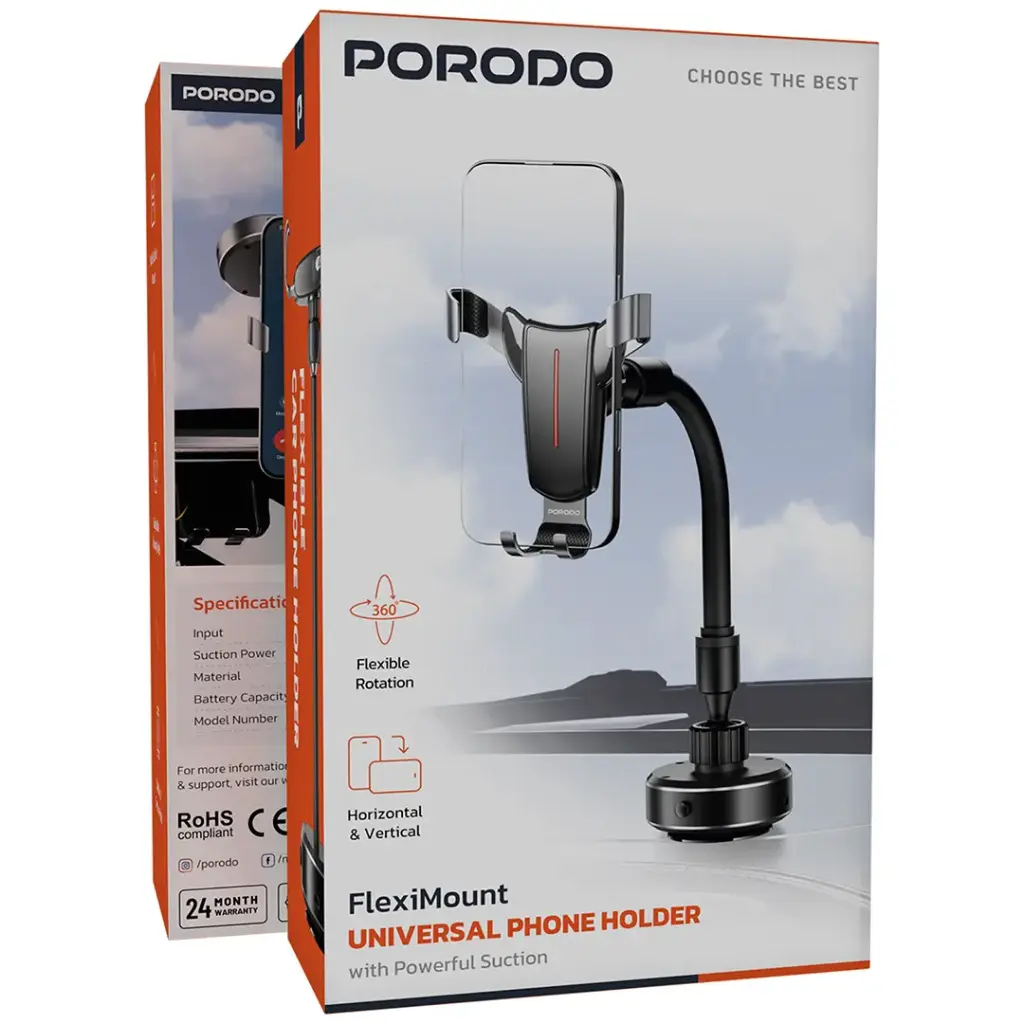 Porodo FlexiMount Universal Phone Holder with Powerful Suction - Black2.webp