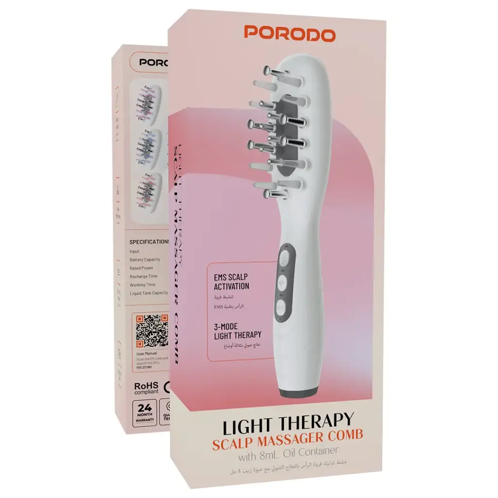 Porodo Light Therapy Scalp Massager Comb with 8mL Oil Container - White.webp