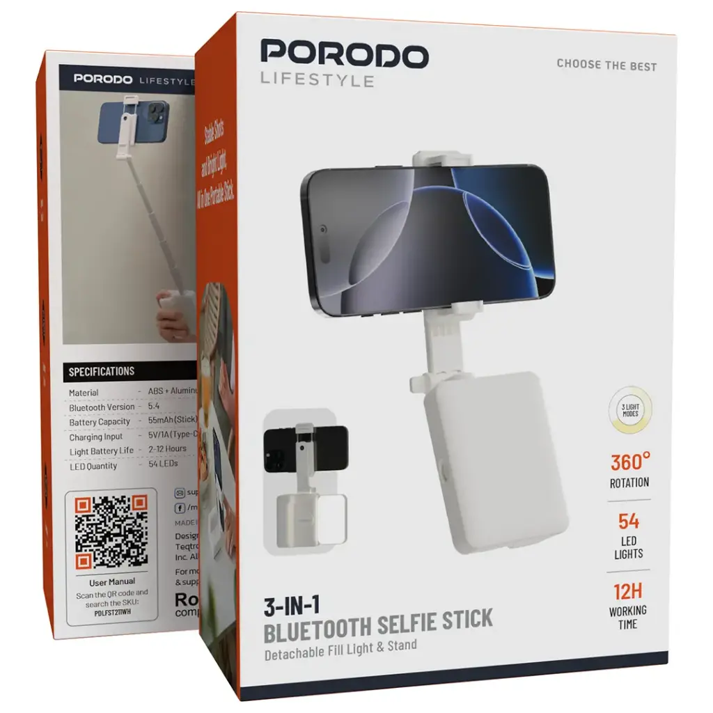 Porodo Lifestyle 3-In-1 Bluetooth Selfie Stick with Detachable Fill Light & Stand - White.webp