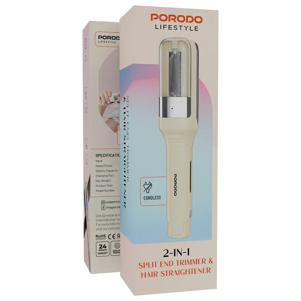Porodo Lifestyle 2-In-1 Split End Trimmer & Hair Straightener - White.webp