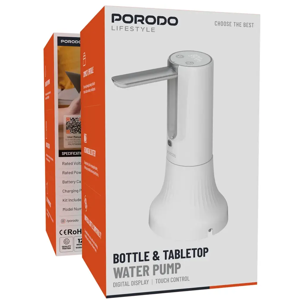 Porodo Lifestyle Bottle & Tabletop Water Pump with Digital Display & Touch Control - White.webp