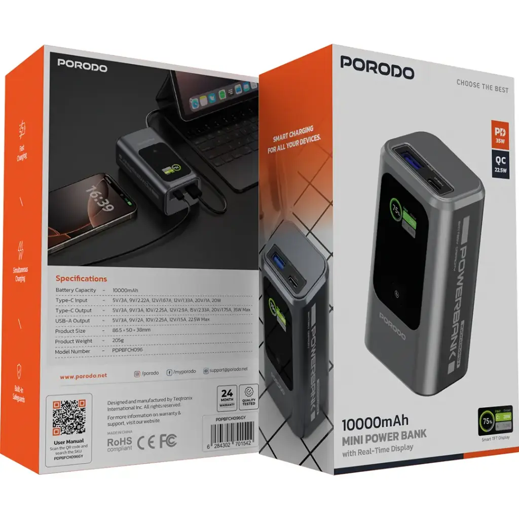 Porodo 10000mAh Mini Power Bank with Real-Time Display - Grey4.webp
