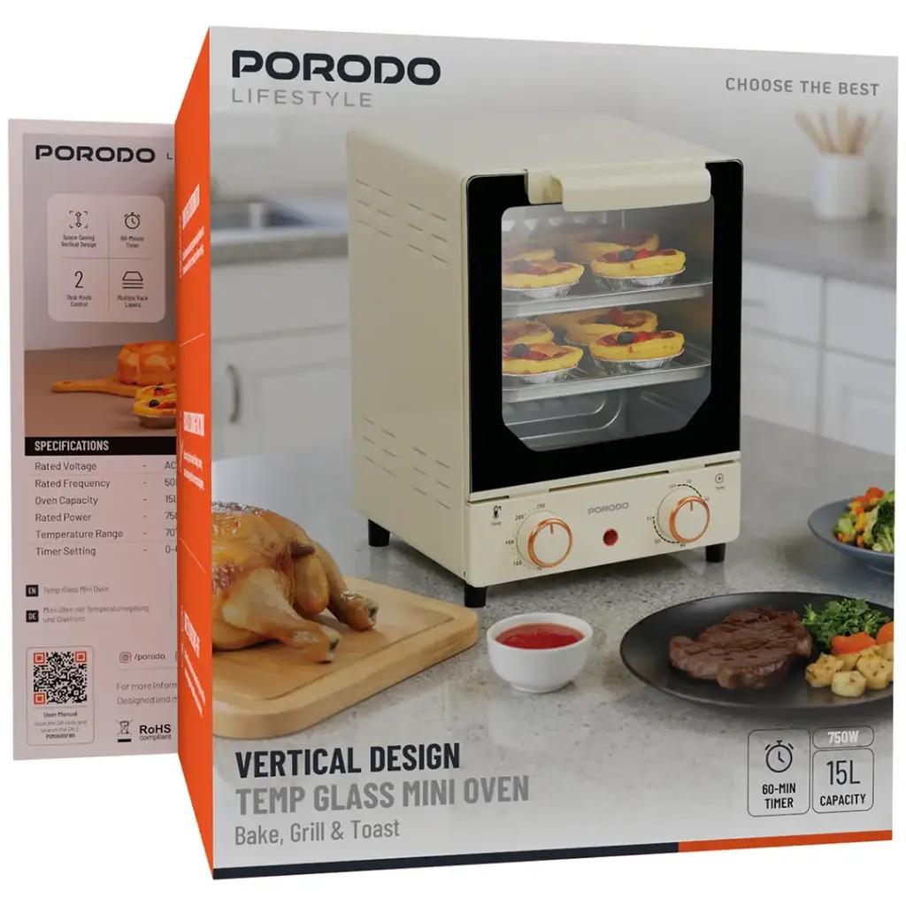 Porodo Lifestyle Vertical Design Temp Glass Mini Oven - White2.webp
