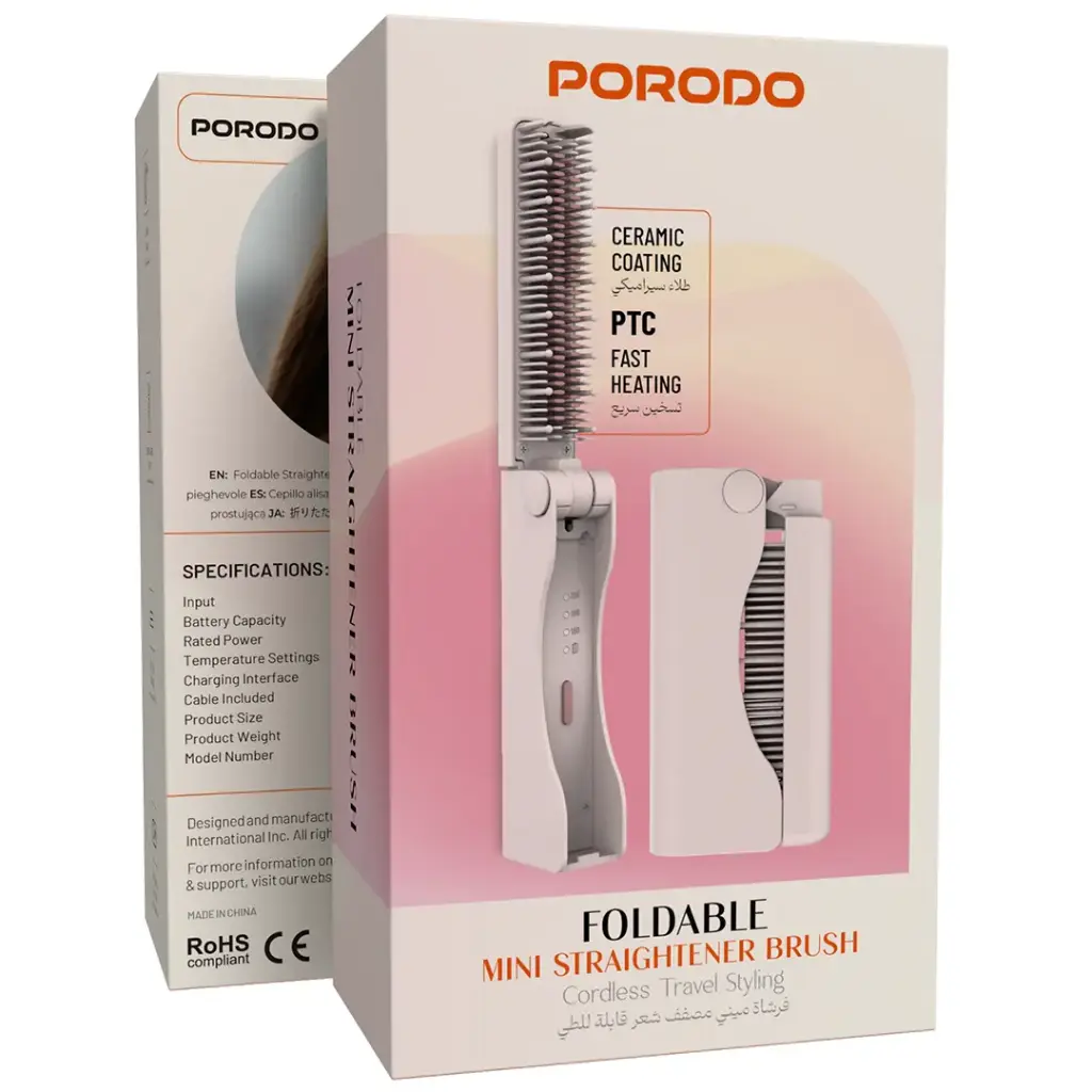 Porodo Foldable Mini Straightener Brush - Pink.webp