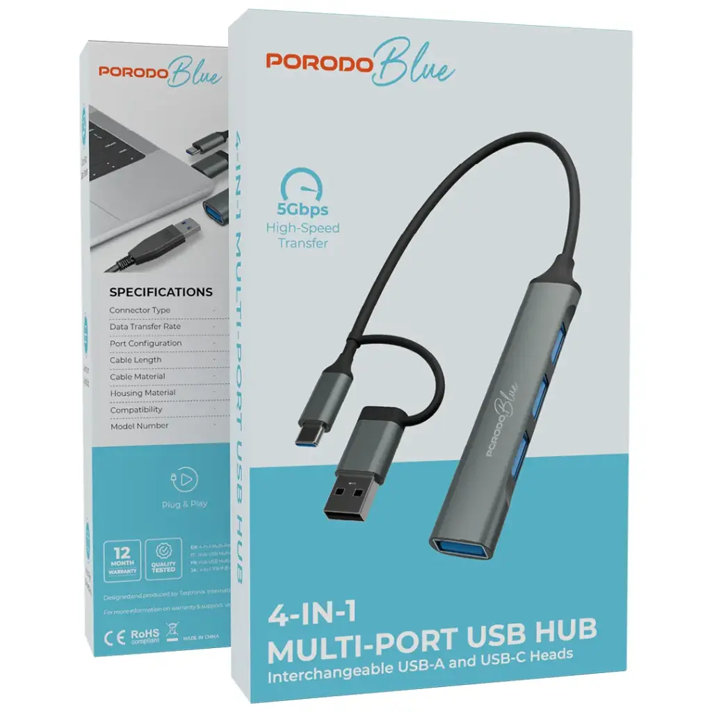 Porodo Blue 4-In-1 Multi-Port USB Hub - Gray.webp