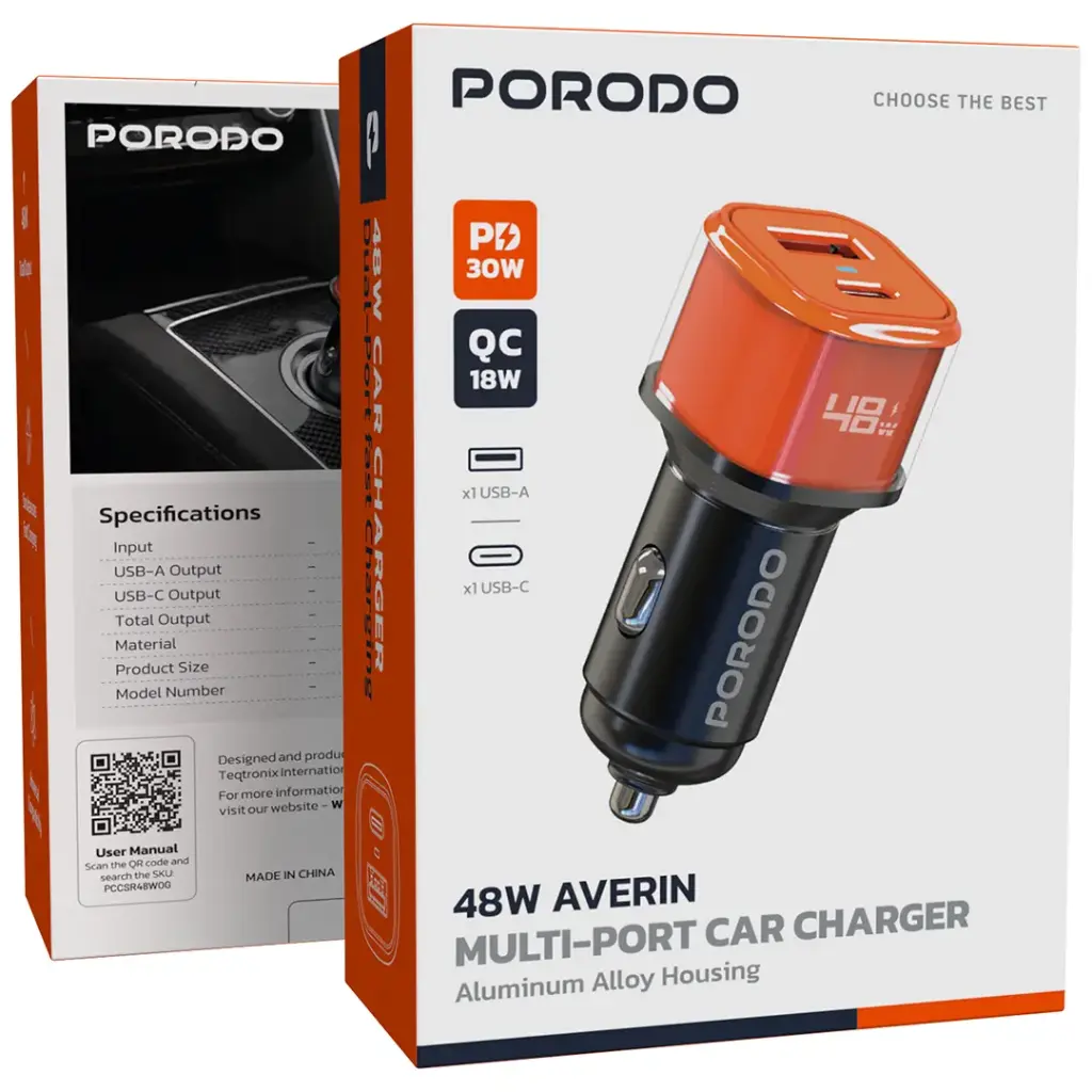 Porodo 48W Averin Multi-Port Car Charger with Aluminum Alloy Housing - Orange3.webp