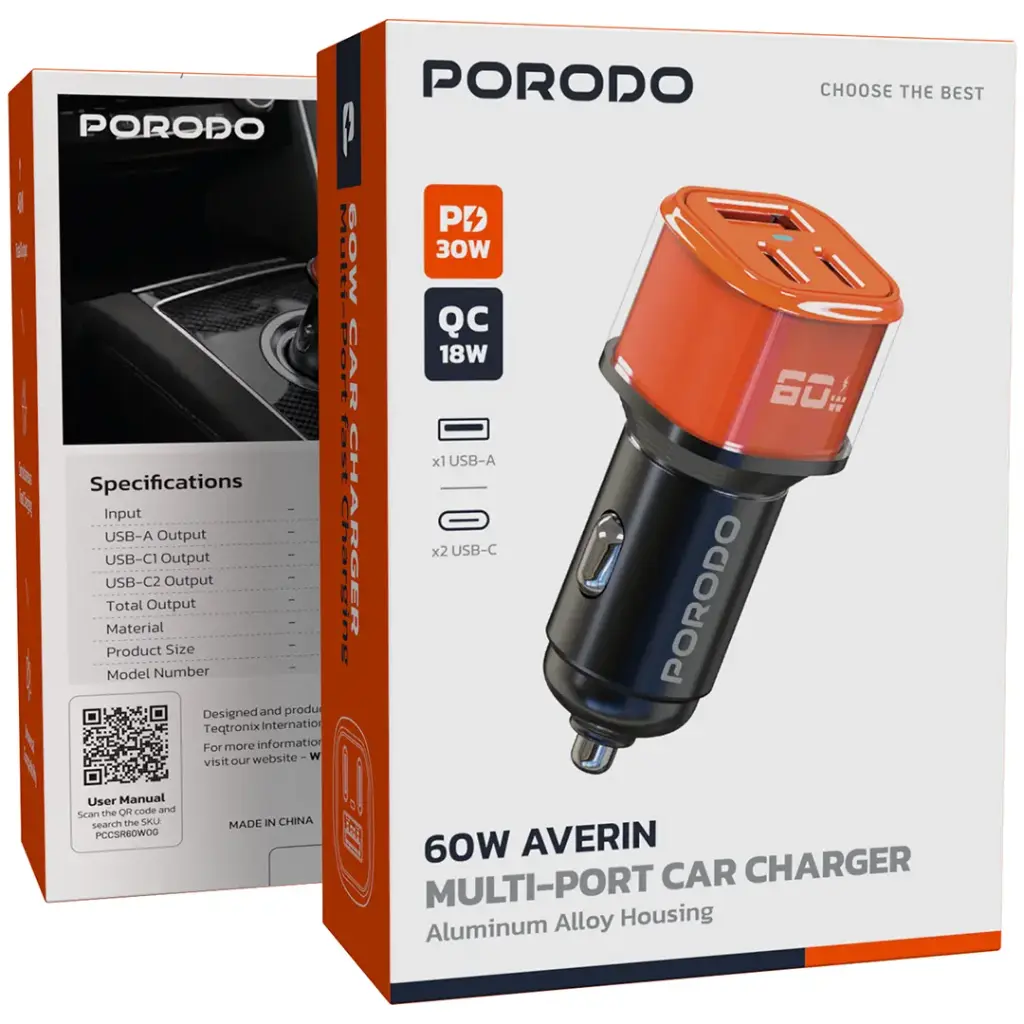 Porodo 60W Averin Multi-Port Car Charger with Aluminum Alloy Housing - Orange3.webp