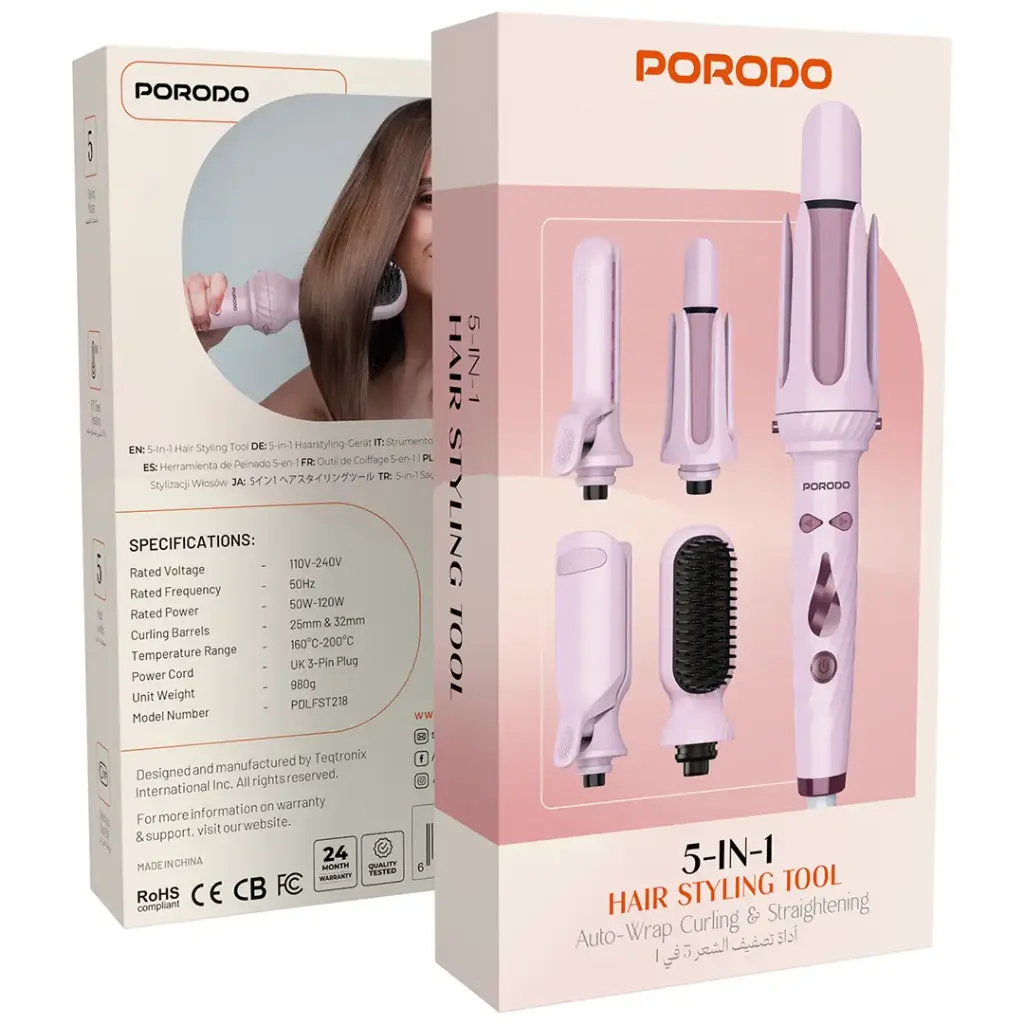 Porodo 5-In-1 Hair Styling Tool with Auto-Wrap Curling & Straightening - Pink.webp
